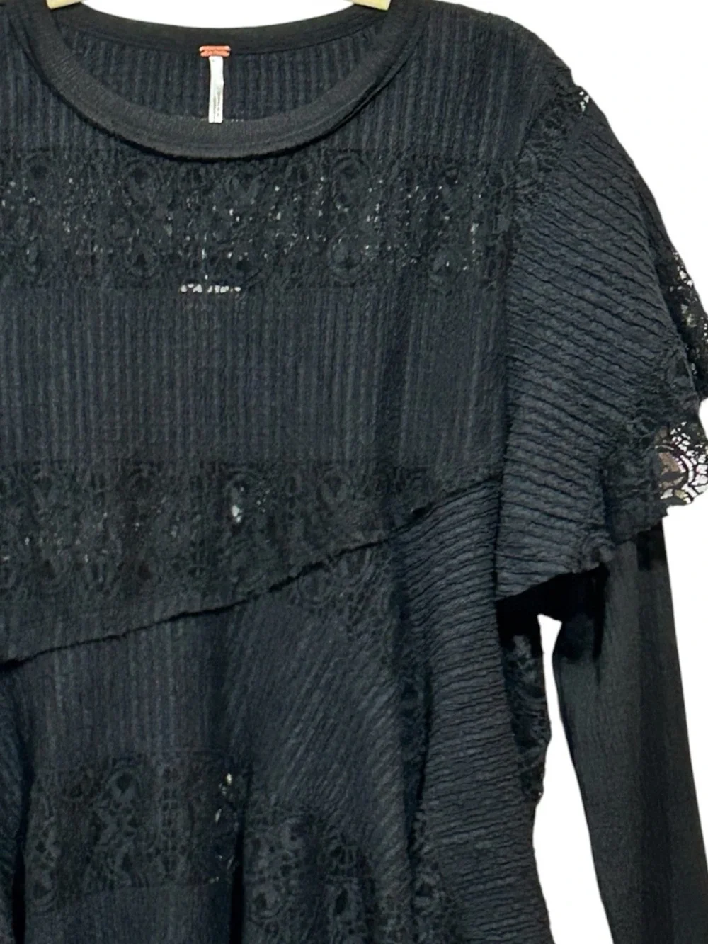 Free People Snowfall Boho Black Lace Asymmetric Whimsigoth Tunic Top Ruffle L